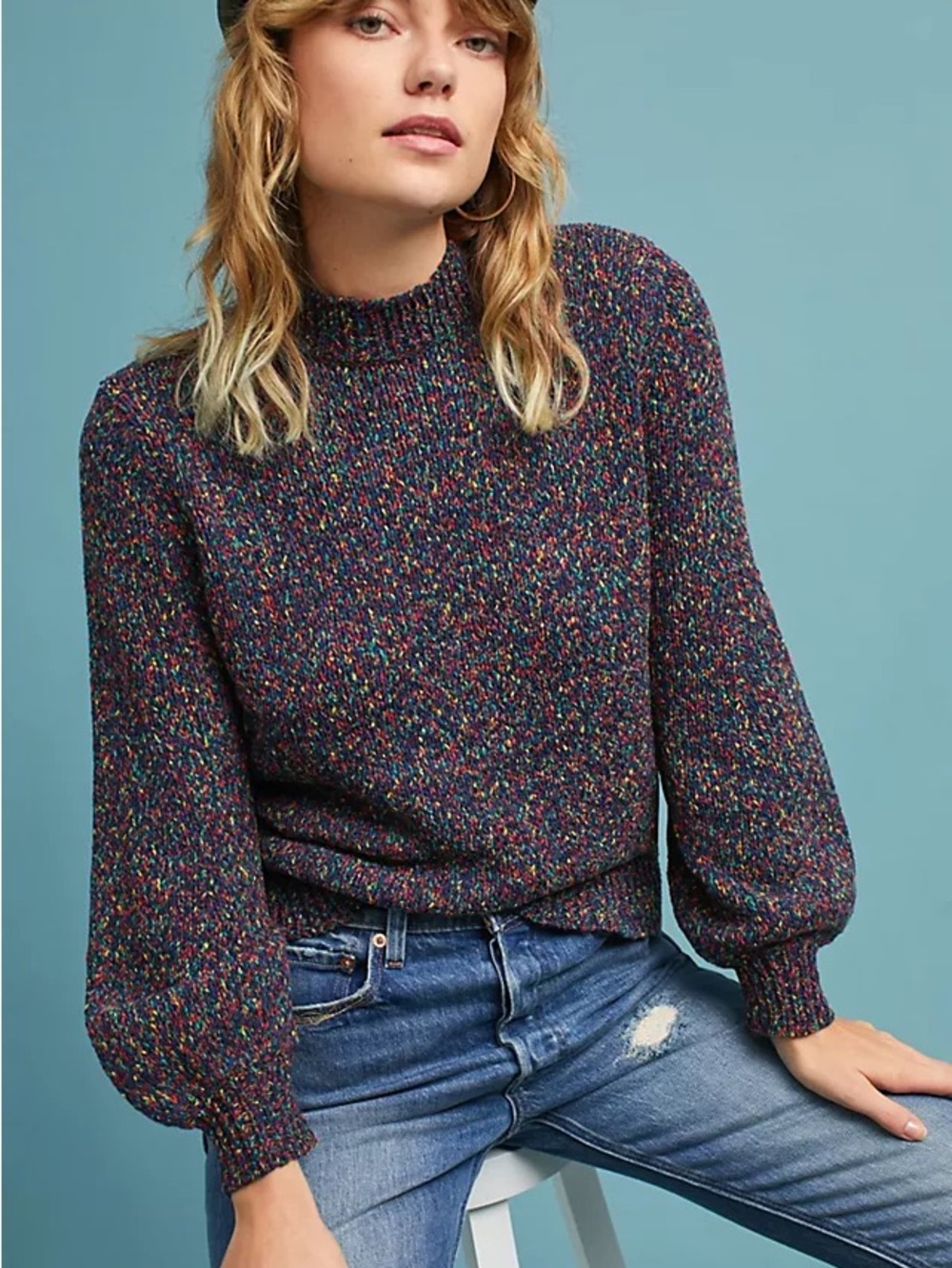 Seen Worn Kept Anthropologie Confetti Sweater Mock Neck Balloon Sleeve Size XS